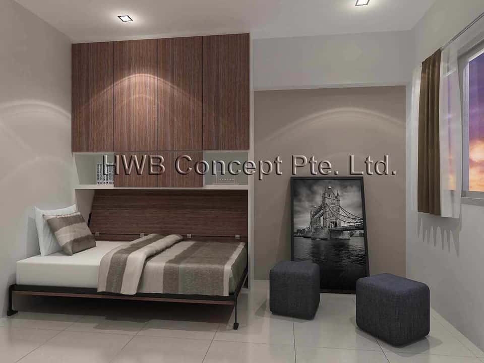 queen bed with wall unit